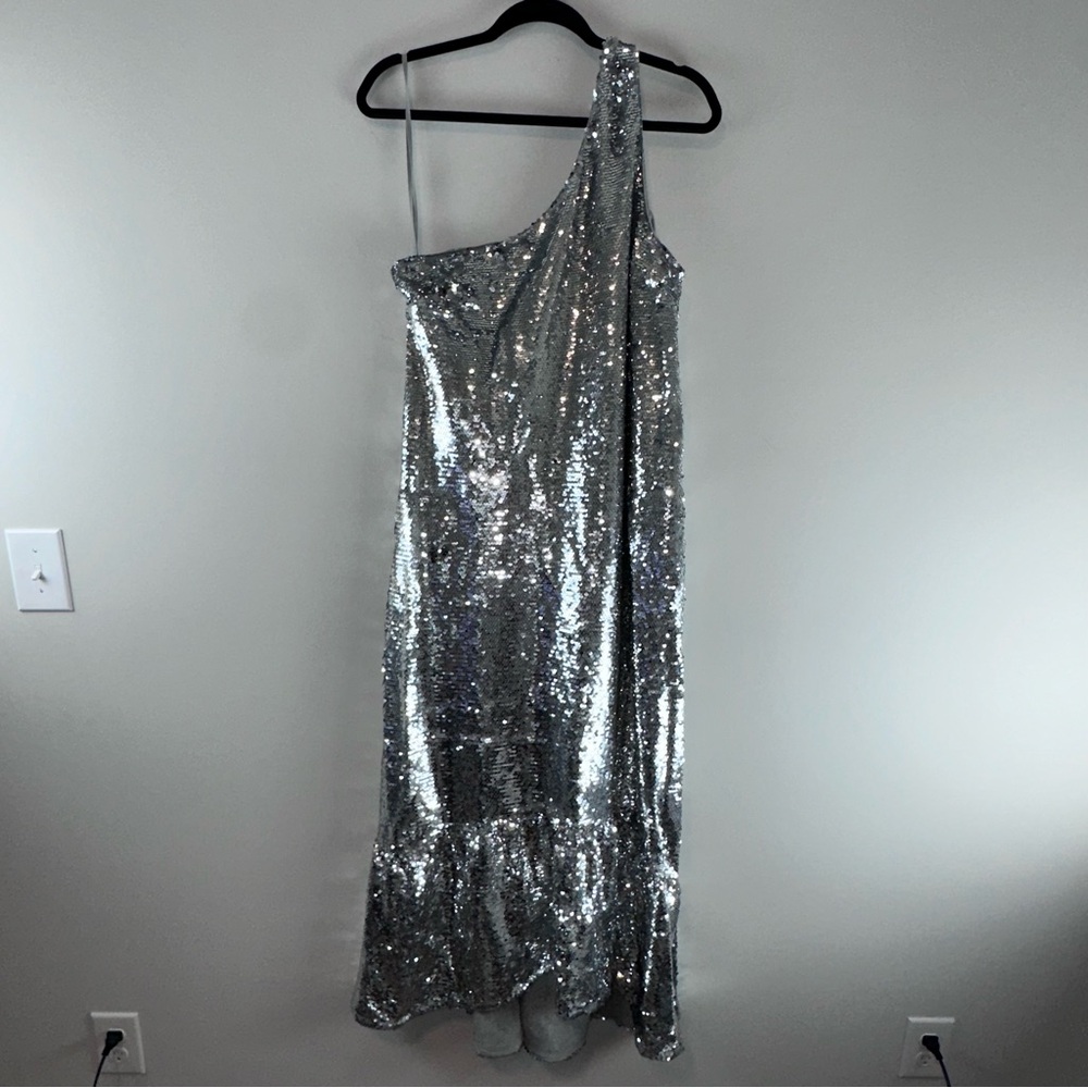 Maeve Anthropologie Silver Sequin One Shoulder Party Maxi Dress Size M